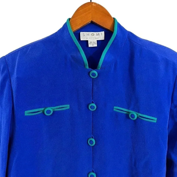 Shomi 100% Silk Blue Button Up Vintage Blouse Teal Green Trim NWT $198 Retro - Picture 4 of 9